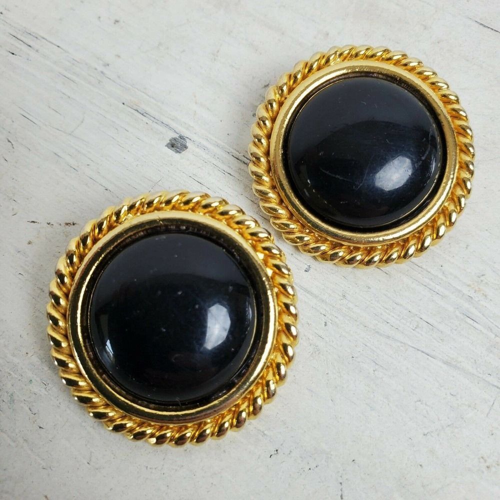 Vintage Estate STATEMENT Earrings Clip On Black Gold 1.25" Round